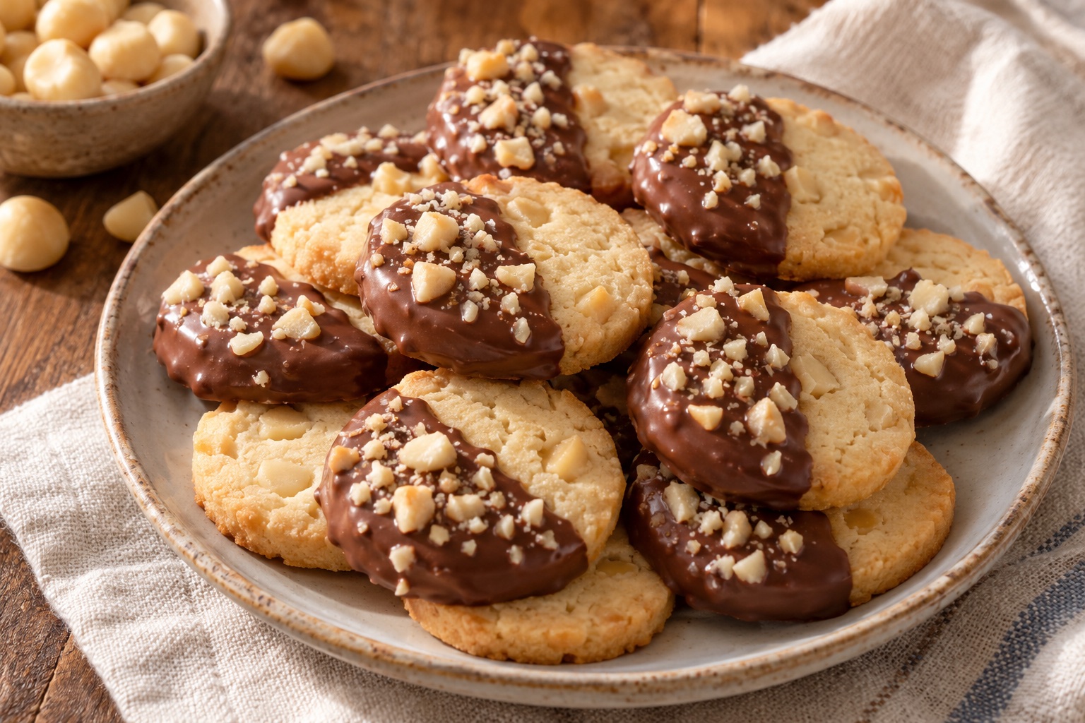 Chocolate Dipped Macadamia Nut Shortbread Cookies — AI-generated recipe illustration