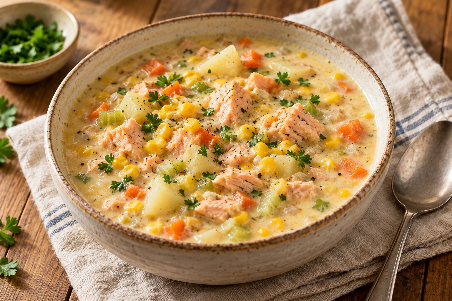 Salmon Corn Chowder — AI-generated recipe illustration